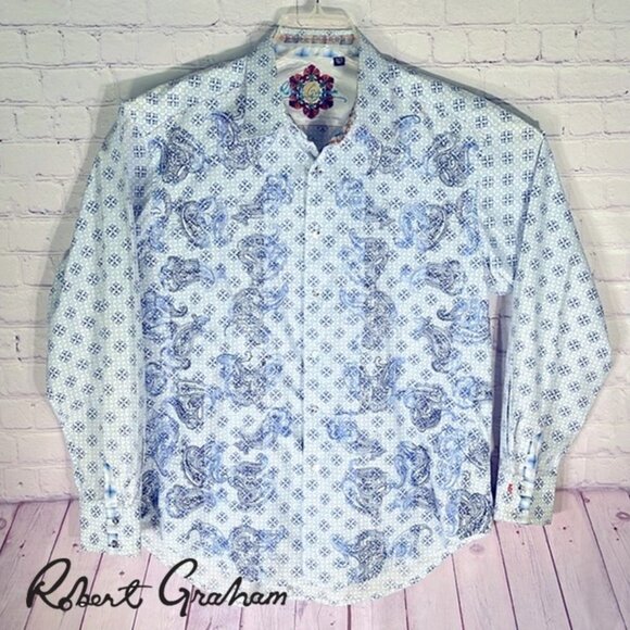 ROBERT GRAHAM Men's White Blue Embroidery Paisley Size: X - Main Image